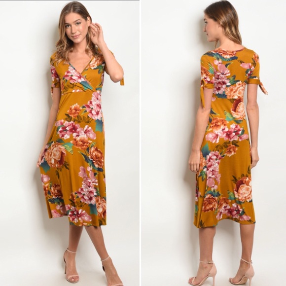 MEDIUM Mustard Floral Midi Dress - Picture 2 of 3